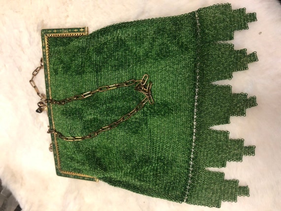 1920s Art Deco Green Metal Mesh Enameled evening p