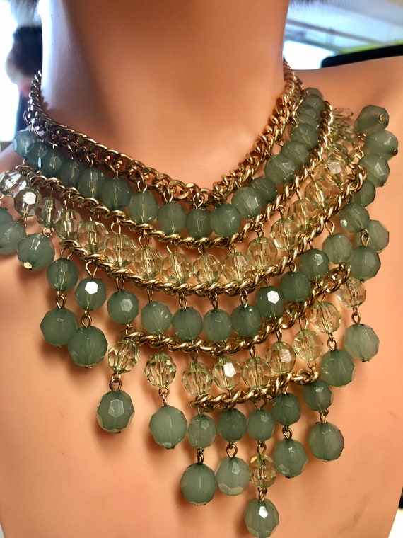 1970s Green Agate and Crystal Gold Filled Bib Nec… - image 3