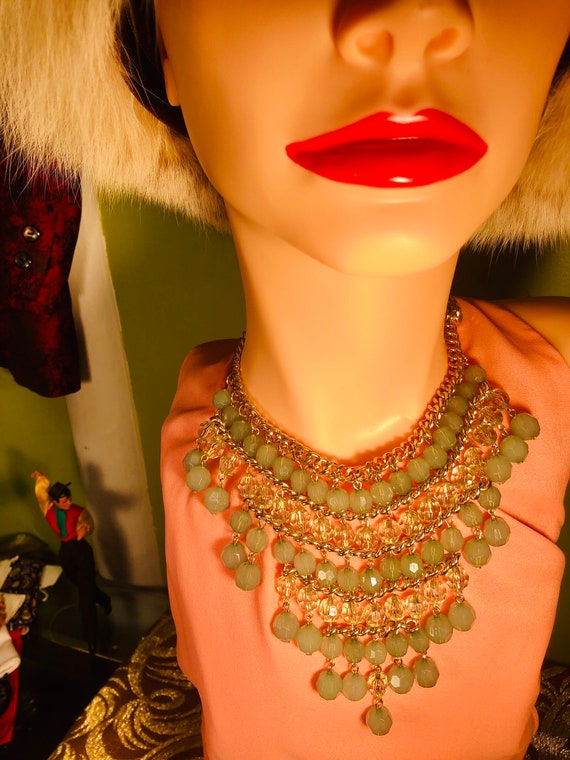 1970s Green Agate and Crystal Gold Filled Bib Nec… - image 1