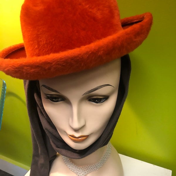 Vintage 1960s Elsa Schiaparelli Couture Orange Hat with Brown Scarf