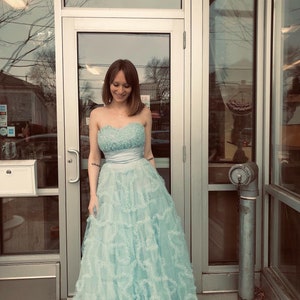 Vintage 1950s Strapless Baby Blue Tulle Ballgown Wedding Prom Dress image 1