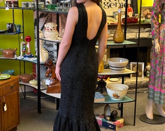 Vintage Early 60s Black Brocade Sparkle  Mermaid Gown