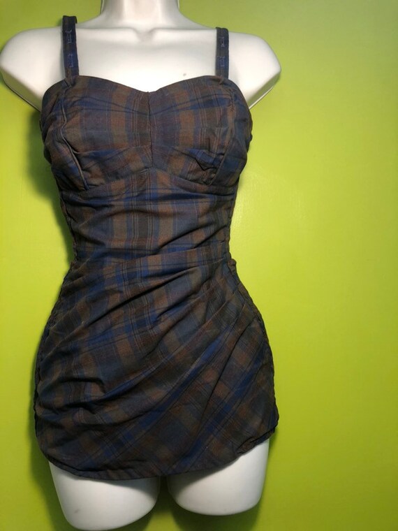 1950s Green Plaid Smocked Pin Up Bathing Suit