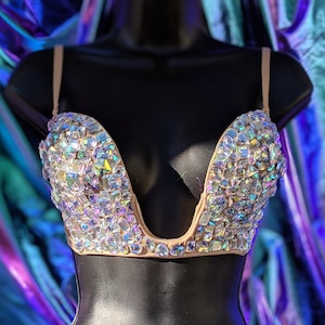 34B Iridescent Plunge Rhinestone Festival Rave Bra