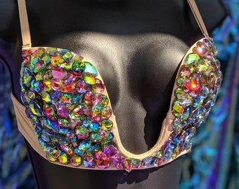 34B Rainbow Prismatic Plunge Rhinestone Festival Rave Bra