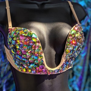 34B Rainbow Prismatic Plunge Rhinestone Festival Rave Bra
