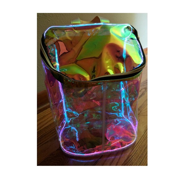 Holographic Light Up Festival Backpack - Transparent, Iridescent, Rainbow, Orange, Gold, Purple, Green