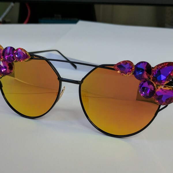 Festival Sunglasses - Red, Fuchsia, Purple, Violet, Orange, Volcano, Polarized, Rhinestones, Crystals, Embellished