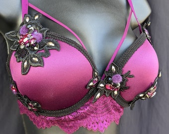 34D Maroon, Purple, Gunmetal, Silver, and Black Metallic Rhinestone Longline Festival Rave Bra (166)