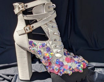 White Platform Boots with Pink and Purple Rhinestones - Size 8.5