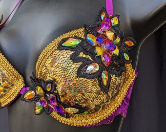 34B Gold, Purple, Pink, Green, and Black Holographic Iridescent Rhinestone Festival Rave Bra (90)