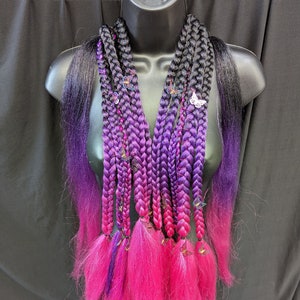 Black, Purple, and Pink Ombre Festival Braided Hair Extensions with Holographic Pink Hair Tinsel and Hair Rings (10)