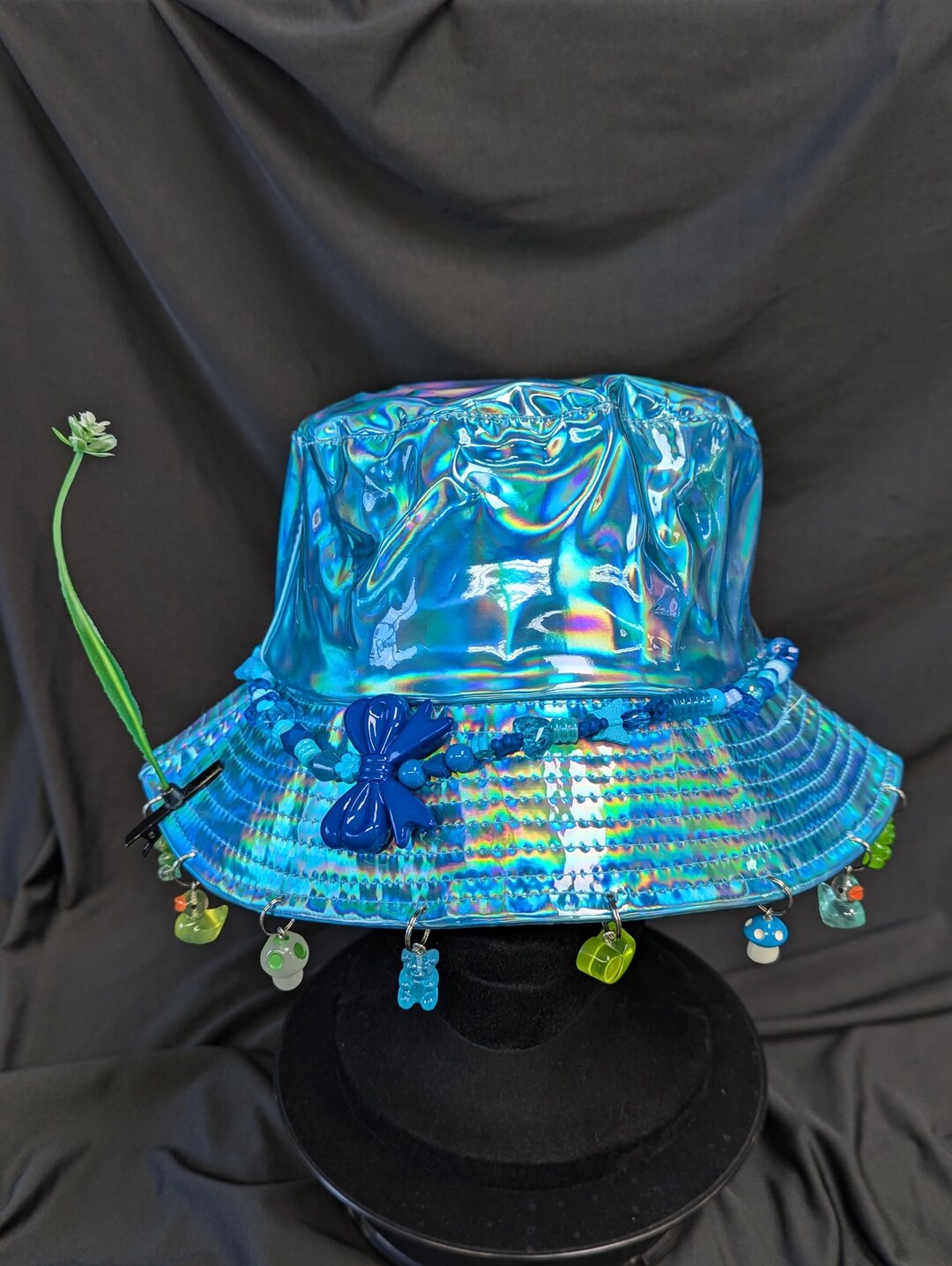 Blue and Green Festival Holographic Charm Bucket Hat With Sprout