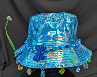 Blue and Green Festival Holographic Charm Bucket Hat With Sprout