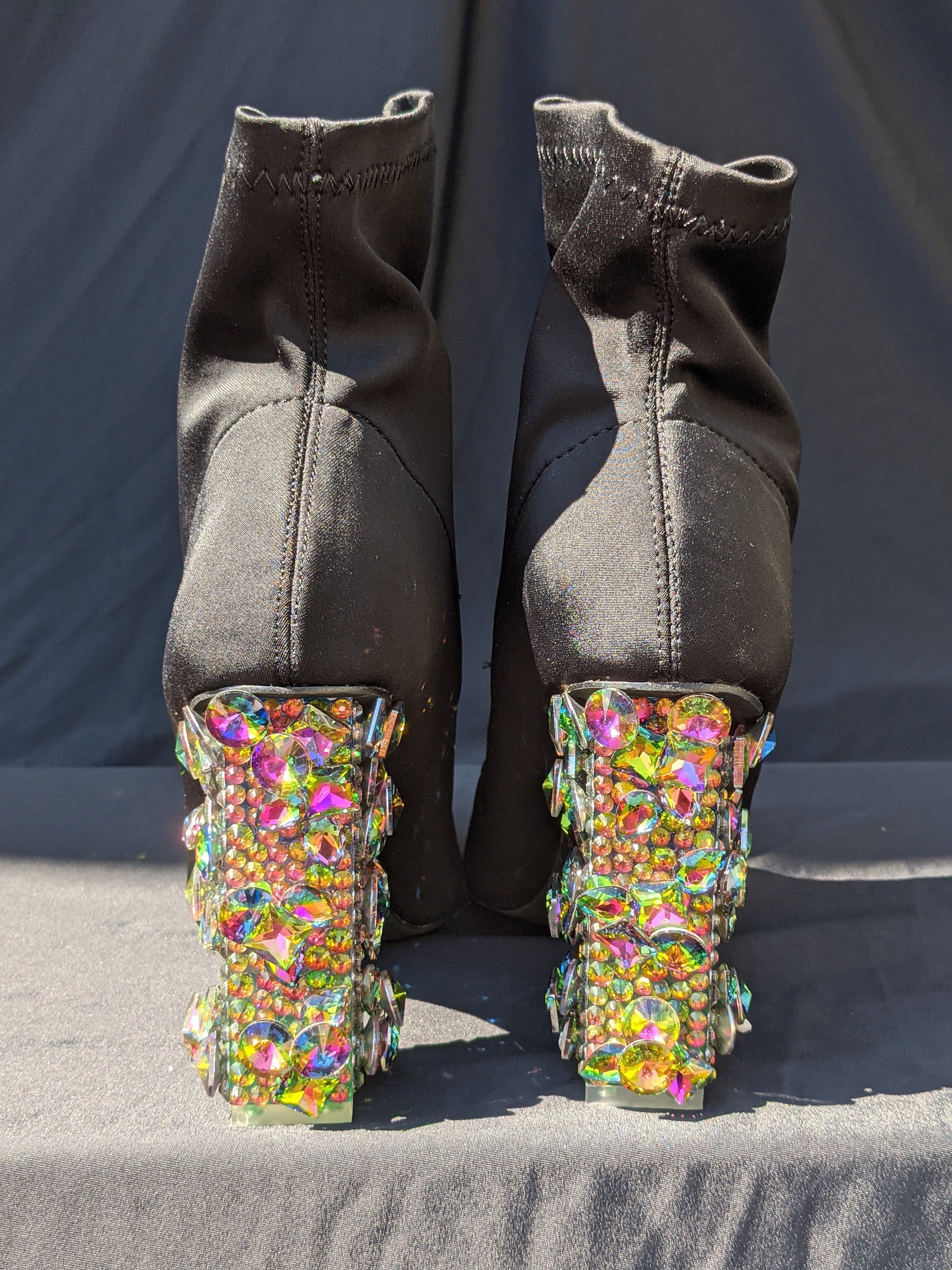 Rainbow Rhinestone Black Festival High Heel Boots – Size 7