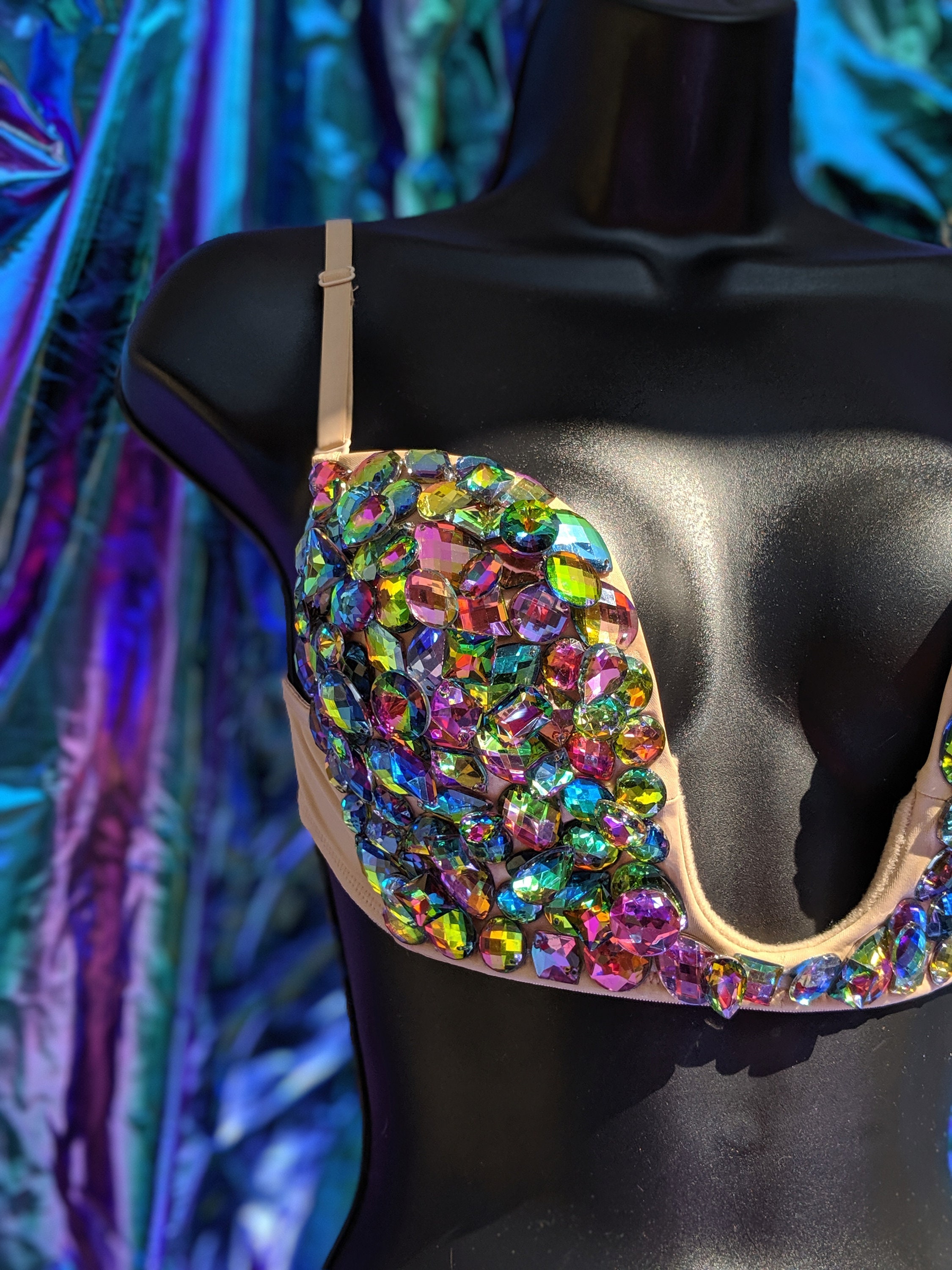 34B Rainbow Prismatic Plunge Rhinestone Festival Rave Bra | Etsy