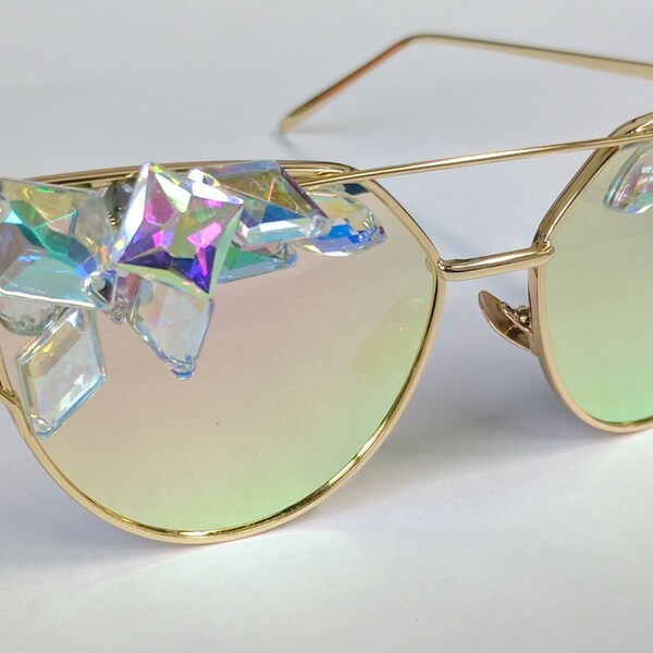 Festival Sunglasses - Aviator, Retro, Rose Gold, Pink, Gold, Rhinestones, Embellished, Polarized, Crystals