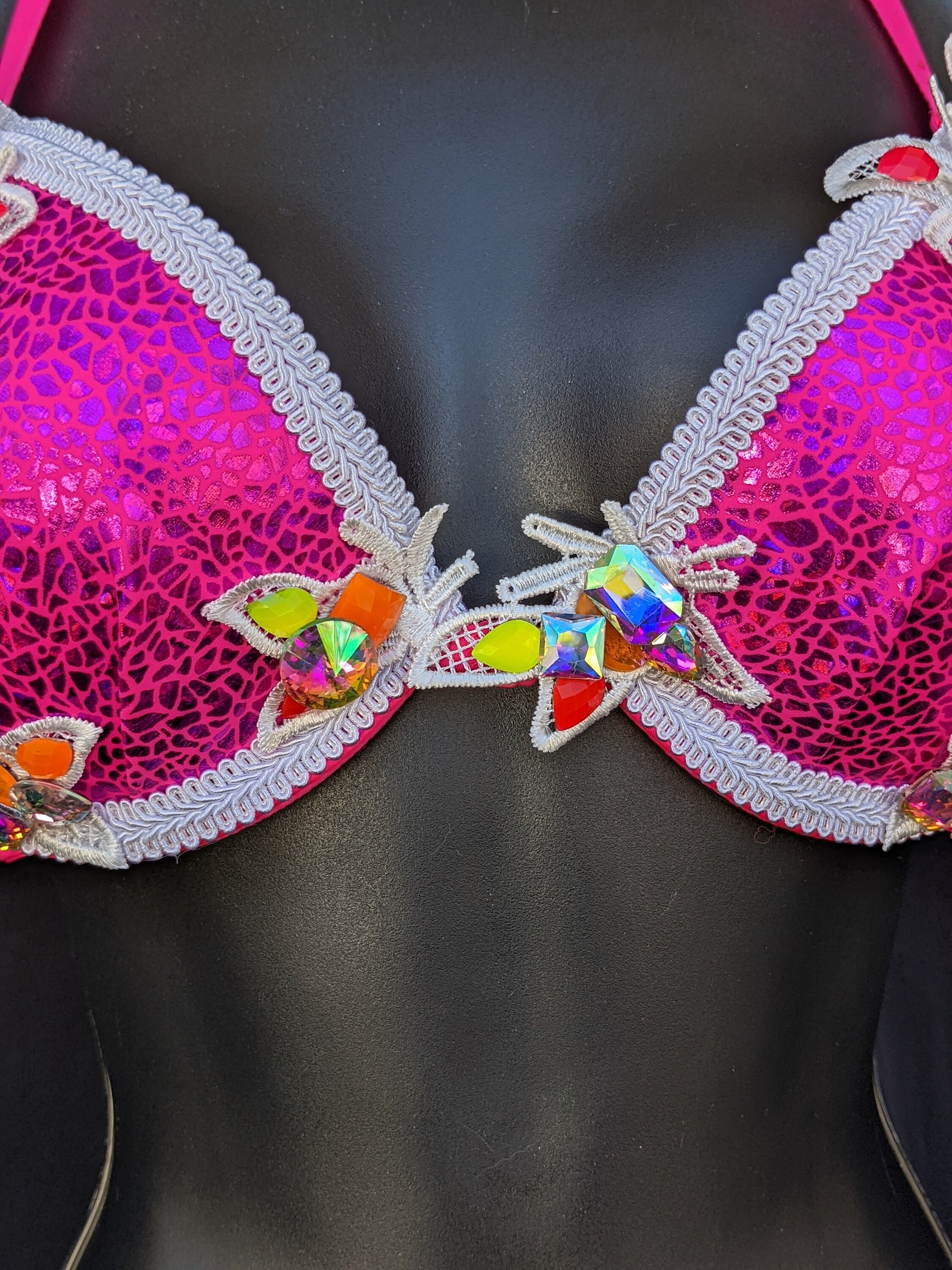 Neon Pink Holographic Festival Bra 34C Rhinestones and Appliques - Etsy