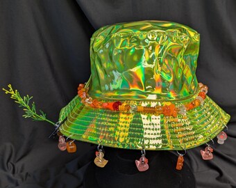 Green and Orange Festival Holographic Charm Bucket Hat With