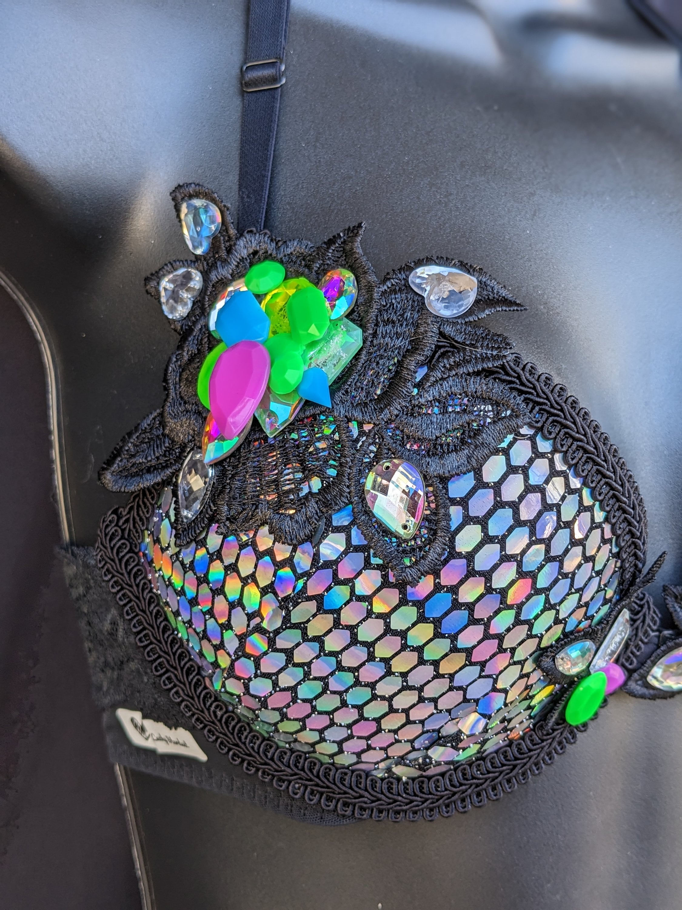 Black and Silver Holographic Festival Bra - 34B Neon Rhinestones and ...