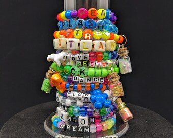 14 Assorted Kandi Charm Bracelets – UV, Glow, Glitter, Rainbow (69)