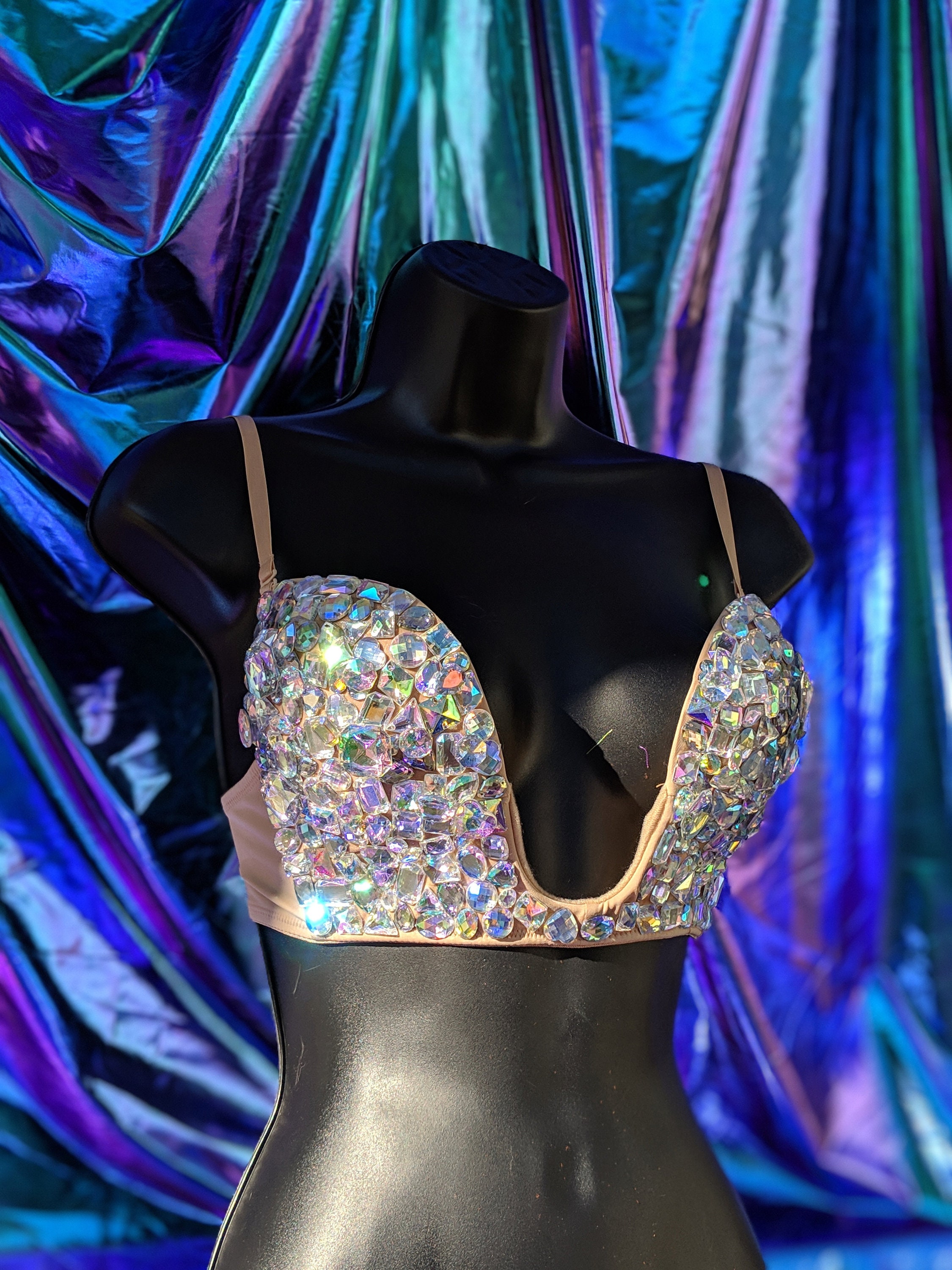 34B Iridescent Plunge Rhinestone Festival Rave Bra - Etsy