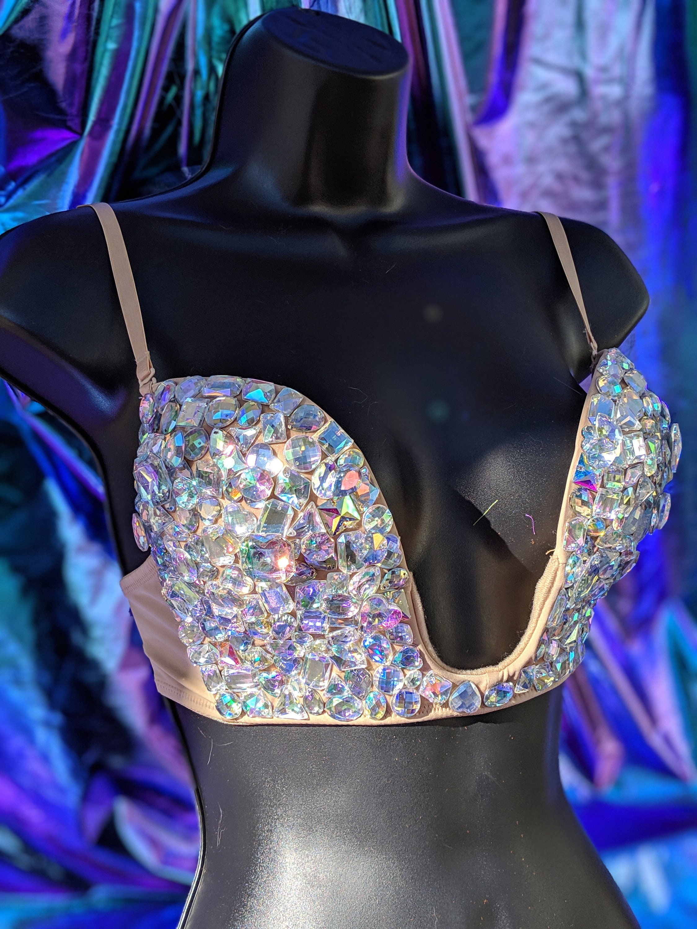 32B Iridescent Plunge Rhinestone Festival Rave Bra - Etsy