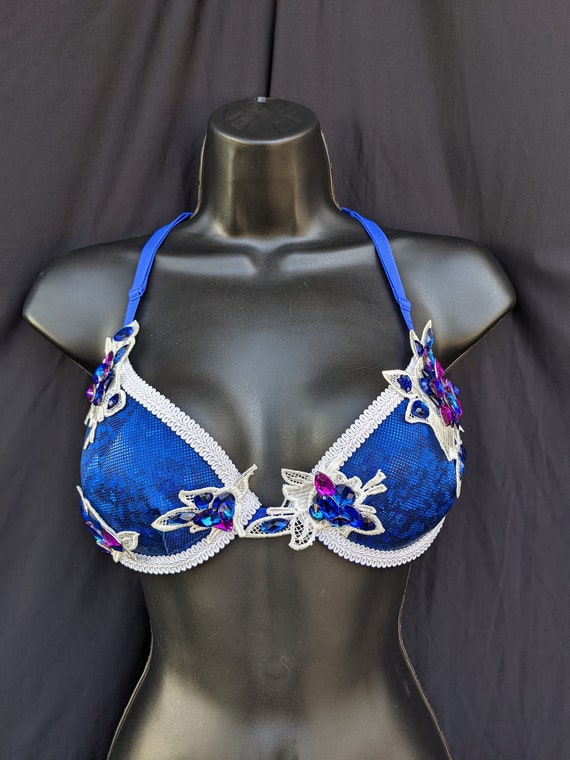 34B Blue, Purple, and White Holographic Iridescent Rhinestone Festival Rave  Bra 73 