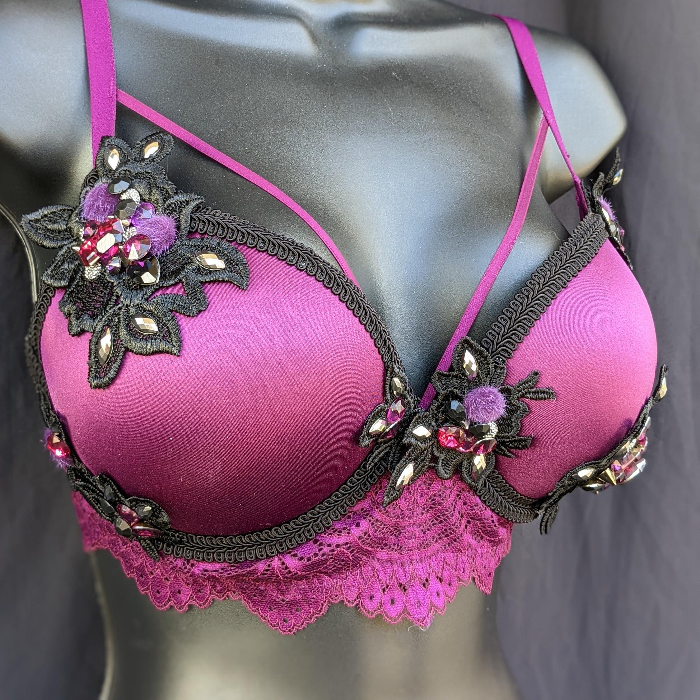Maroon and Black Festival Bra - 34D Rhinestones and Appliques