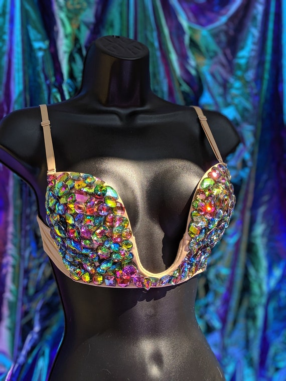 Buy 34B Rainbow Prismatic Plunge Rhinestone Festival Rave Bra