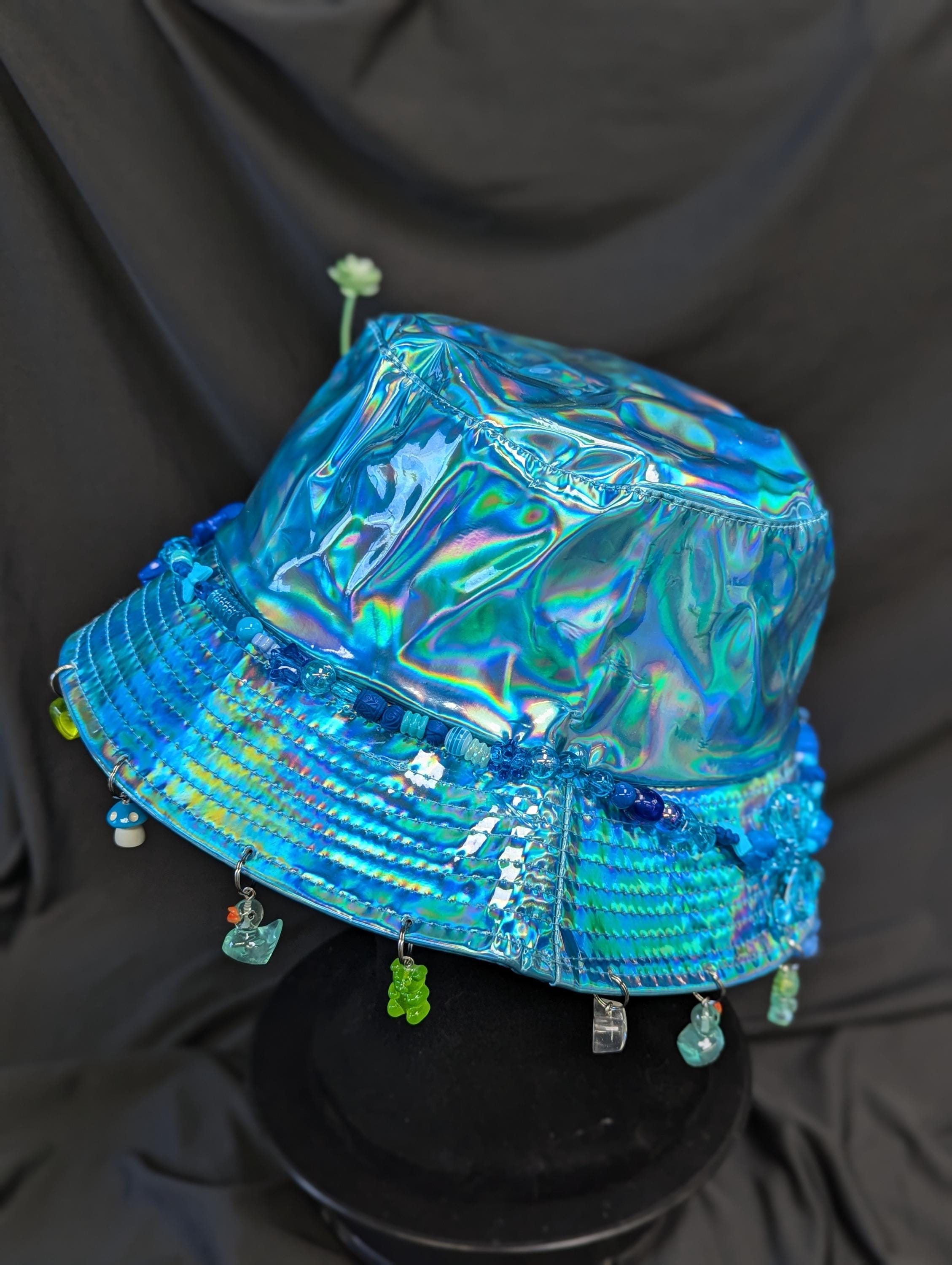 Blue and Green Festival Holographic Charm Bucket Hat With Sprout