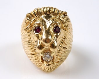 Beautiful Designer's Custom 14K Yellow Gold Diamond Ruby Lion Head Unisex Mens Ladys Ring Jewelry Gift for Him Gift for Her Anniversary gift