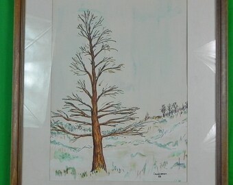 Vintage 1968 Signed Framed Landsman Tree Drawing Picture Art Home Decor Wall Decoration