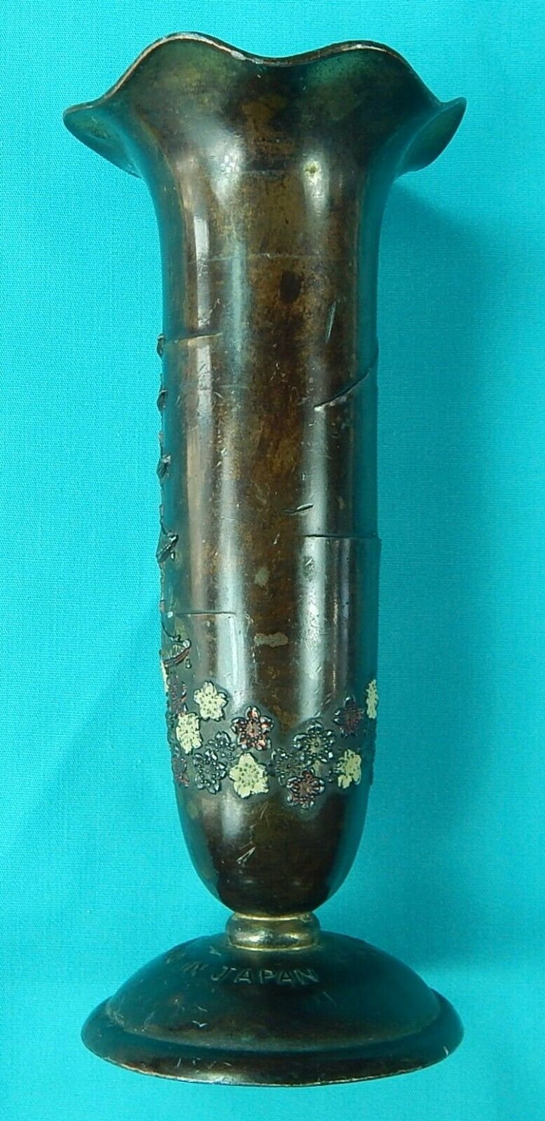 Vintage Japanese To Memory of Landing in Japan Metal Vase Home Decor Gift for Him Gift for collector Gift for Her