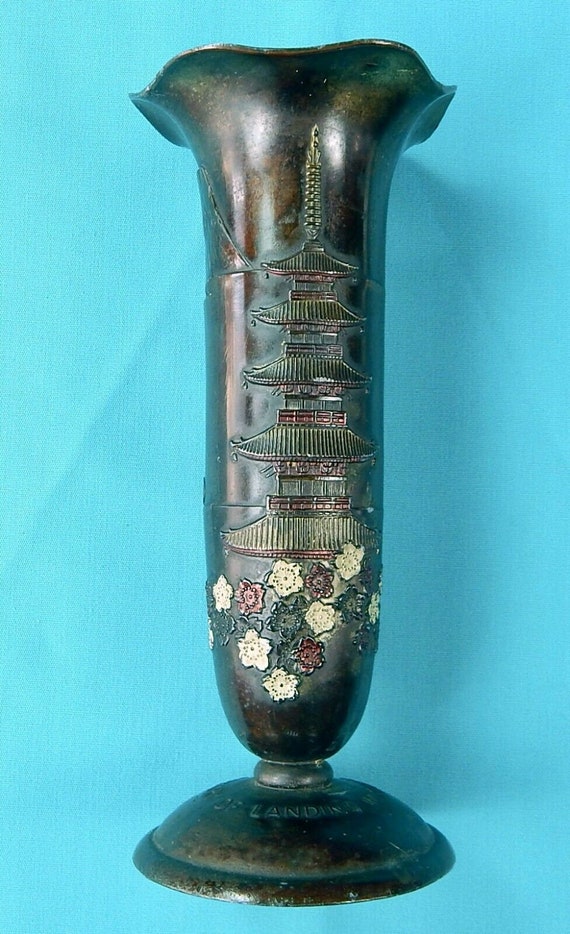 Vintage Japanese To Memory of Landing in Japan Metal Vase Home Decor Gift for Him Gift for collector Gift for Her