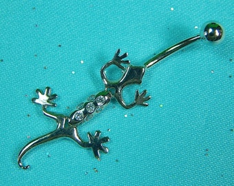 14K White Gold LIZARD GECKO Bangle Style Navel Belly Piercing Ring w/ 7 1mm CZ. Unique Gift. Gold Gecko.