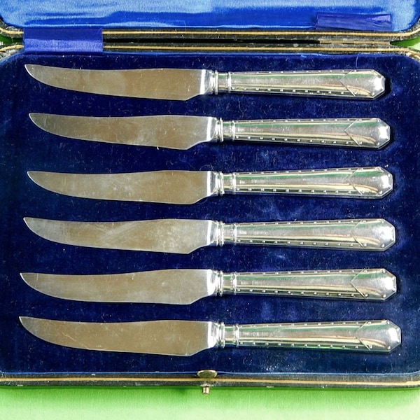 Antique British English Lee & Henry WIGFULL Sheffield Set of 6 Sterling Silver Fish Knife w/ Box.Set of Knives,Dinner Knives, Flatware