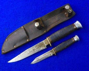 Vintage Antique Old British English Sheffield Set of 2 Hunting Knife w/ Sheath  Gift for Hunter Gift for Him Gift for collector