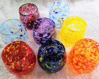 Votive Stemless Wine Glass/Candle Holder - Party Pink, Carnival, Confetti, Purple, Yellow, Red with Yellow, Orange, or Blue with Green