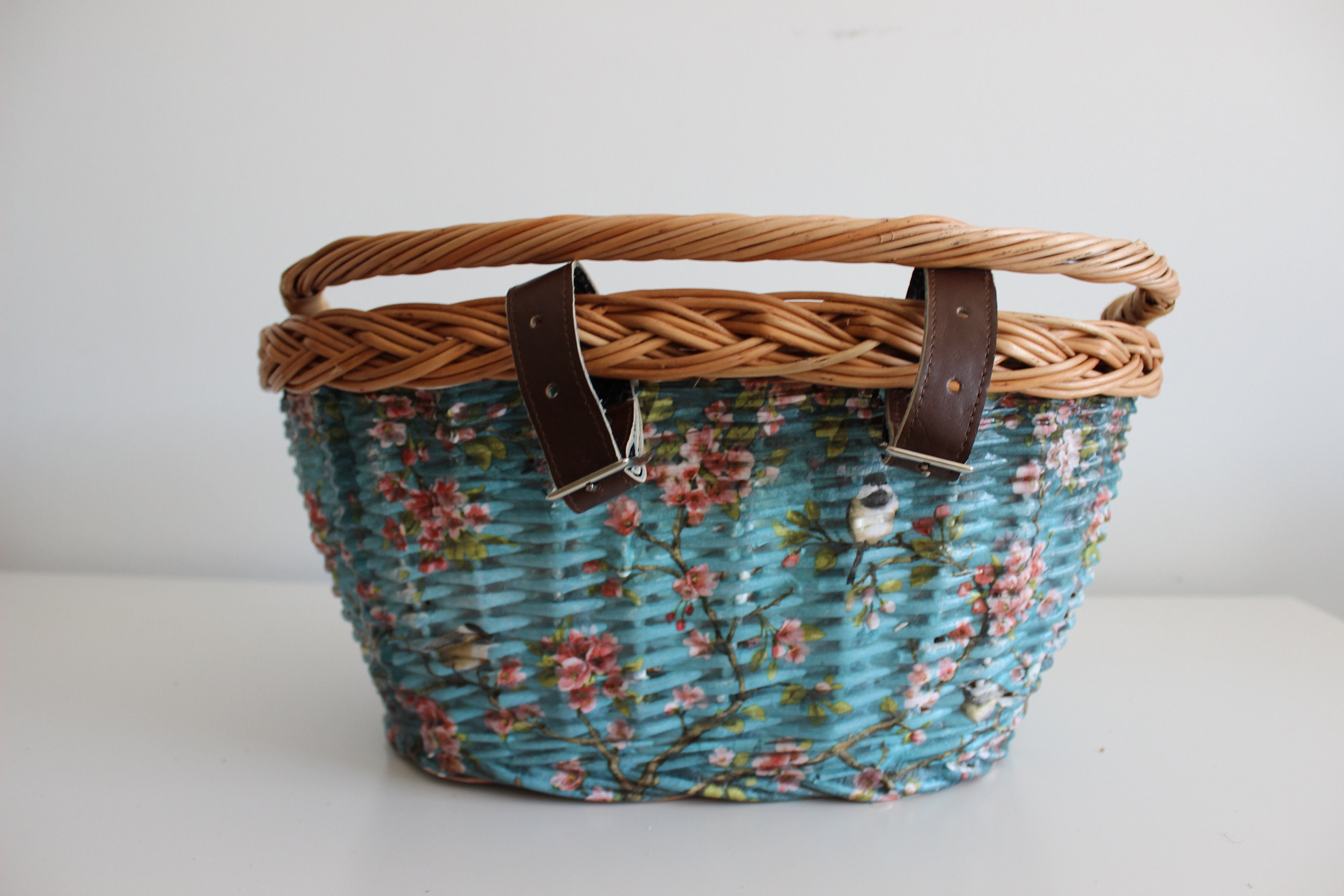 Wicker Bike Basket With Flower Blossoms Pattern Etsy