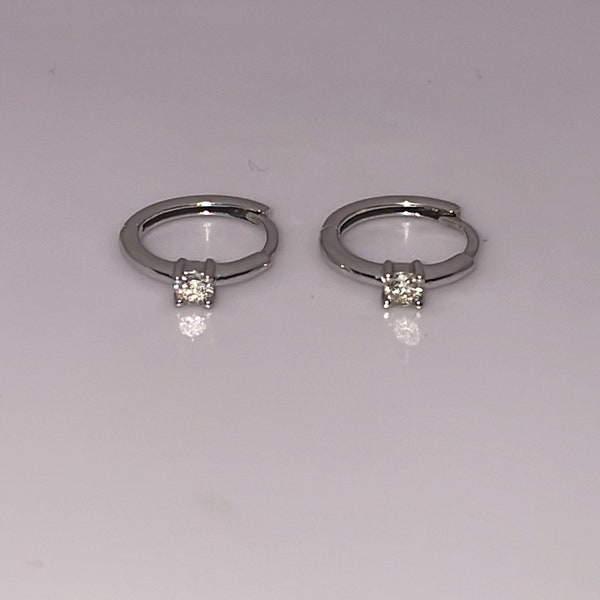 Solid 18K White Gold Natural Round Cut Diamond Solitaire Helix Mini Hoop Earrings Stamped 750 Hallmark (not 14K)