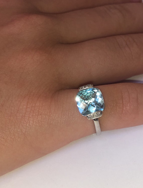 Solid 10K White Gold Blue Topaz Diamond Ring (not 