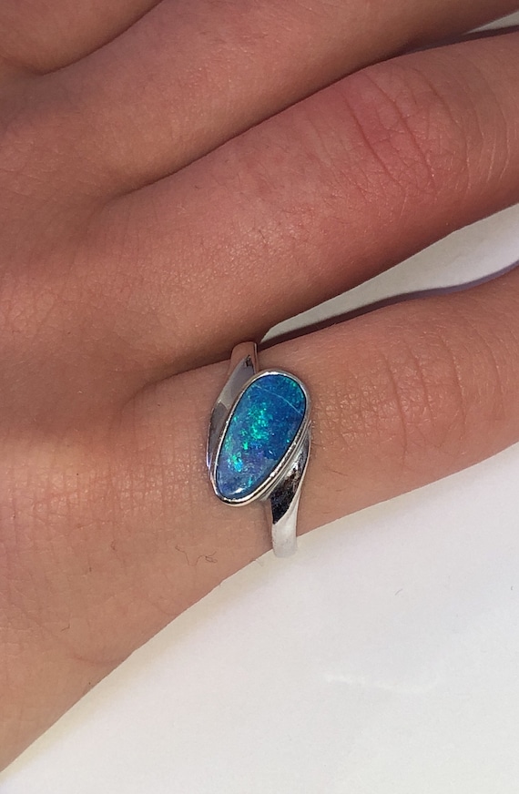 Solid Stamped 14K White Gold Blue Opal Modern Ring