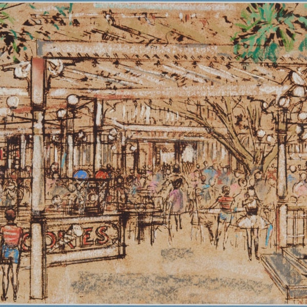 Marilyn Kincheloe "Root Beer Garden" Charcoal,Mixed Media, Rendering