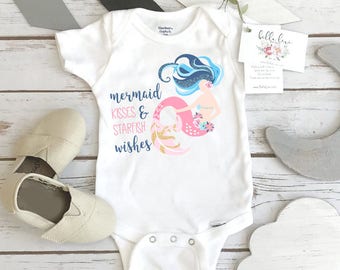 Mono de sirena, regalo para bebé, regalo para sobrina, besos de sirena y deseos de estrellas de mar, fiesta de sirena, cumpleaños de sirena, regalo para baby shower, camiseta de sirena