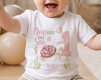 Girl 1st Birthday Turtle Bodysuit, Custom Name Pink Under the Sea Shirt, Personalized Cake Smash Outfit, Ocean Birthday Gift