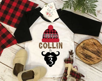 3rd Birthday Shirt, Lumberjack Birthday, Third Birthday shirt, Buffalo Plaid Party, Lumberjack Party, Woodland Party Set,PERSONALIZED RAGLAN