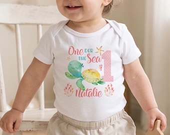 Turtle First Birthday Bodysuit for Girl, Custom Name 1st Birthday Shirt, Under the Sea Cake Smash Outfit, Personalized Ocean Party Gift