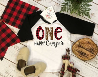 First Birthday Shirt, Lumberjack Birthday, 1st Birthday, Buffalo Plaid Party, Lumberjack Party, ONE HAPPY CAMPER, Wild One Birthday, Plaid