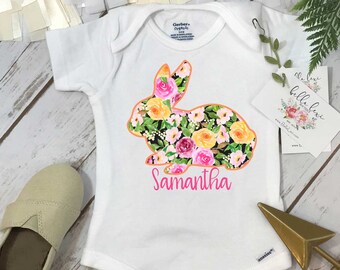 Easter Onesie®, Baby's First Easter, FLORAL BUNNY onesie, Personalized Easter, Baby Shower Gift, Monogram Easter Shirt, Baby's 1st Easter